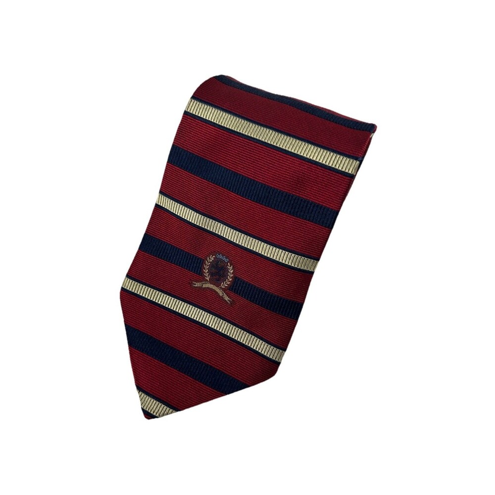Tommy Hilfiger Red Blue Tan Repp Logo Neck Tie ‎ 57.25" x 3.75"